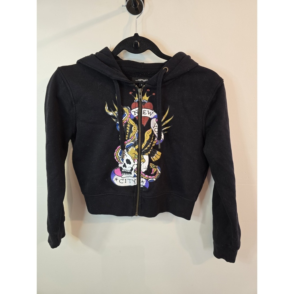Ed Hardy Women's Small Black Cropped‎ Full Zip Graphic Hoodie Grunge Y2K Style